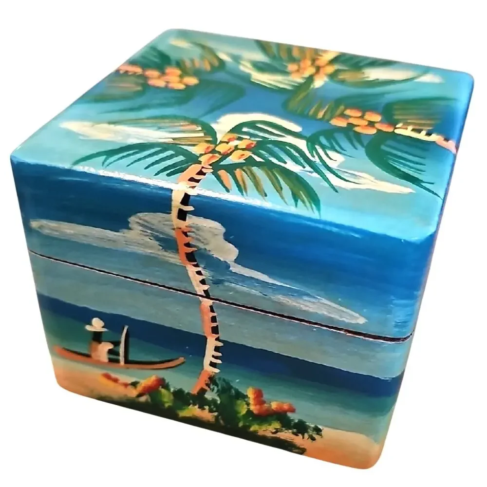 Gorgeous Hand-Painted Tropical Palm Trees and Man in a Canoe Wooden Trinket Box
